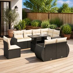 Garden Sofa Set 9 Piece Outdoor Furniture Patio Black Poly Rattan with Cushions