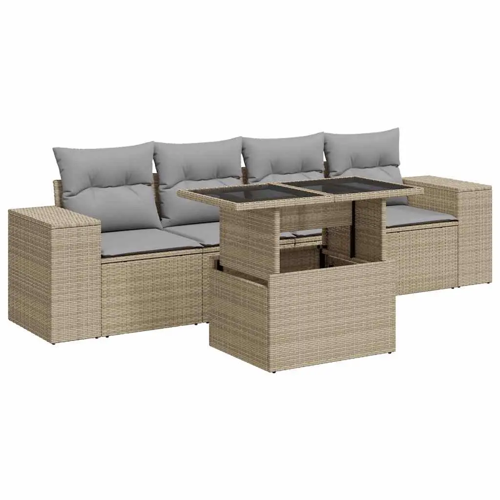 Garden Sofa Set 5 Piece Outdoor Furniture Beige Poly Rattan Cushions Storage Compartment Adjustable Tabletop
