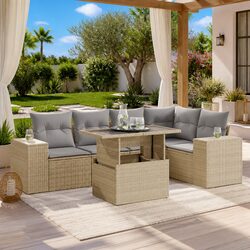 Garden Sofa Set 6 Piece Outdoor Furniture Beige Poly Rattan Patio Seating with