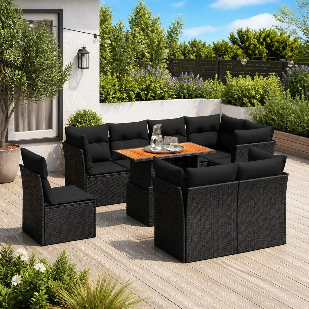 Outdoor Garden Sofa Set 9 Piece Black Poly Rattan Patio Furniture with Cushions