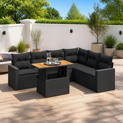 Outdoor Garden Sofa Set 7 Piece Poly Rattan Furniture with Cushions Black