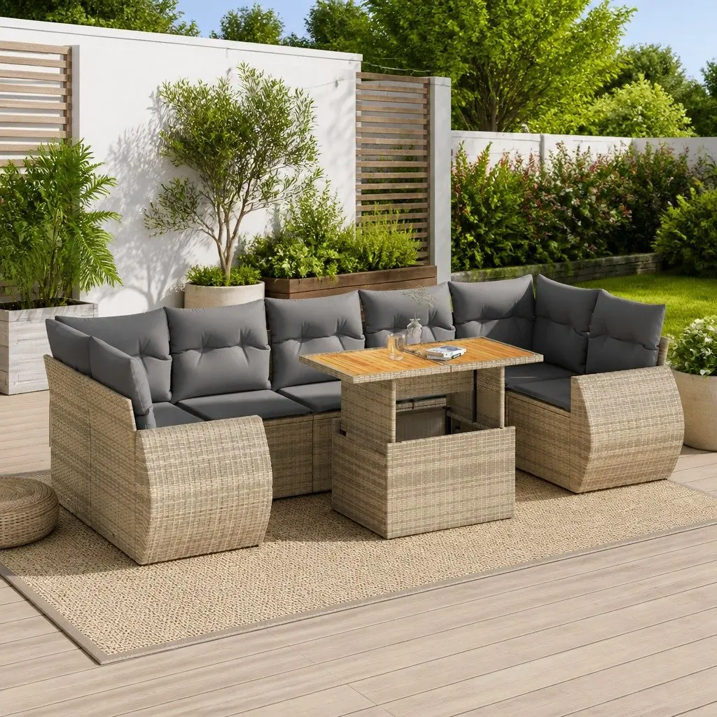 Garden Sofa Set 8 Piece Outdoor Furniture Beige Poly Rattan Patio Seating Suite