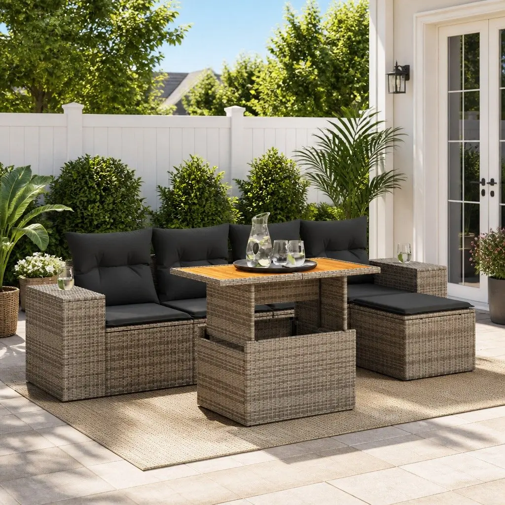 Garden Sofa Set 6 Piece Modular Outdoor Furniture Grey PE Rattan with Adjustable Tabletop and Storage Compartment