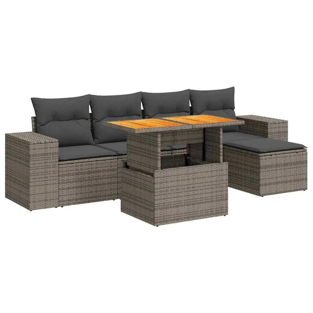 Garden Sofa Set 6 Piece Modular Outdoor Furniture Grey PE Rattan with Adjustable Tabletop and Storage Compartment