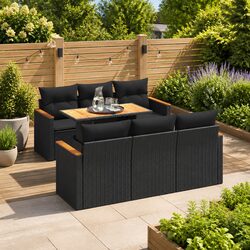 Outdoor Garden Sofa Set 7 Piece Black Poly Rattan Patio Furniture with Cushions