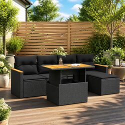 Garden Sofa Set 6 Piece Outdoor Furniture Black Poly Rattan Modular Patio