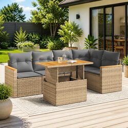 Outdoor Lounge Seating Set: 5-Piece Beige Rattan Sofa