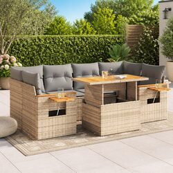 7 Piece Outdoor Garden Sofa Set Beige Poly Rattan Patio Furniture with Cushions