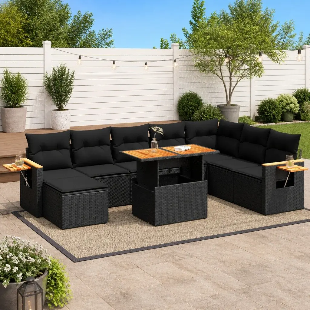 Garden Sofa Set 9 Piece Black Poly Rattan Outdoor Furniture with Cushions and Foldable Side Table