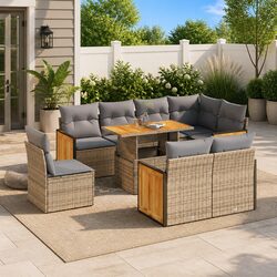 Garden Sofa Set 9 Piece Outdoor Furniture Patio Beige Poly Rattan with Cushions