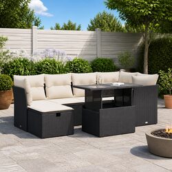 Garden Sofa Set 7 Piece Outdoor Patio Furniture Black Poly Rattan Modular