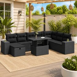 Garden Sofa Set 9 Piece Outdoor Furniture Black Poly Rattan with Storage