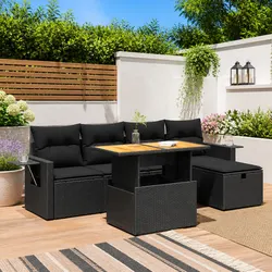 Garden Sofa Set 6 Piece Outdoor Modular Black Poly Rattan with Cushions