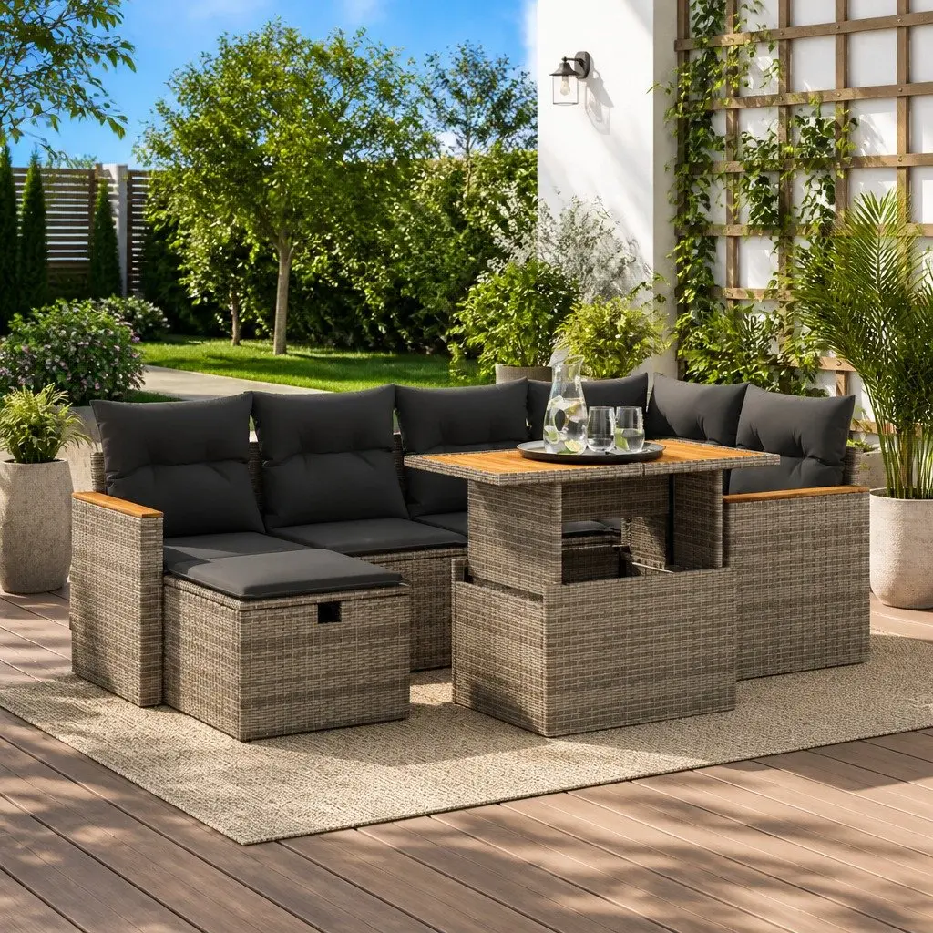 Garden Sofa Set 8 Piece Outdoor Furniture Grey Poly Rattan Patio with Cushions Storage Space Adjustable Table