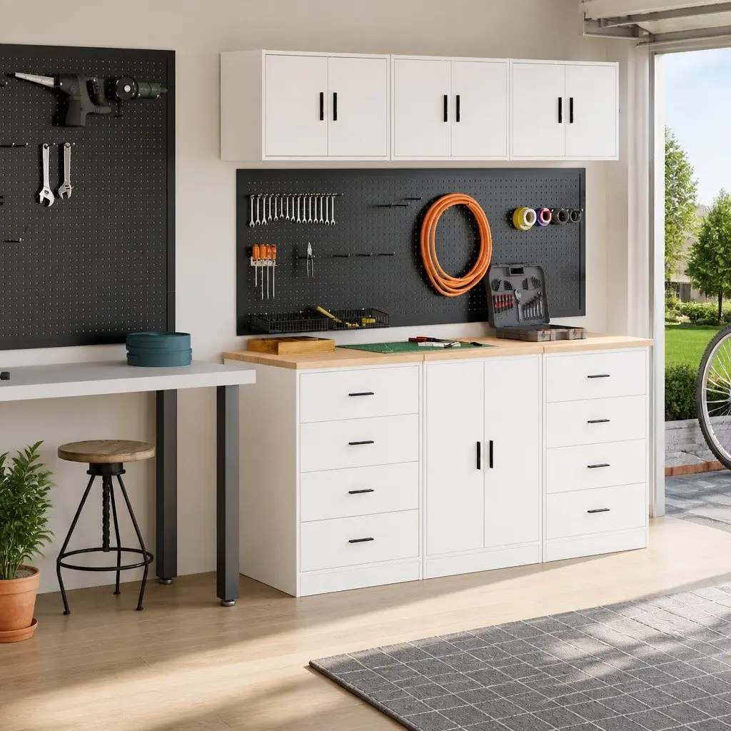 Garage Storage Cabinets 2pc White Engineered Wood Heavy-duty Tool Organizer with Sturdy Worktop for Workshops and Utility Rooms