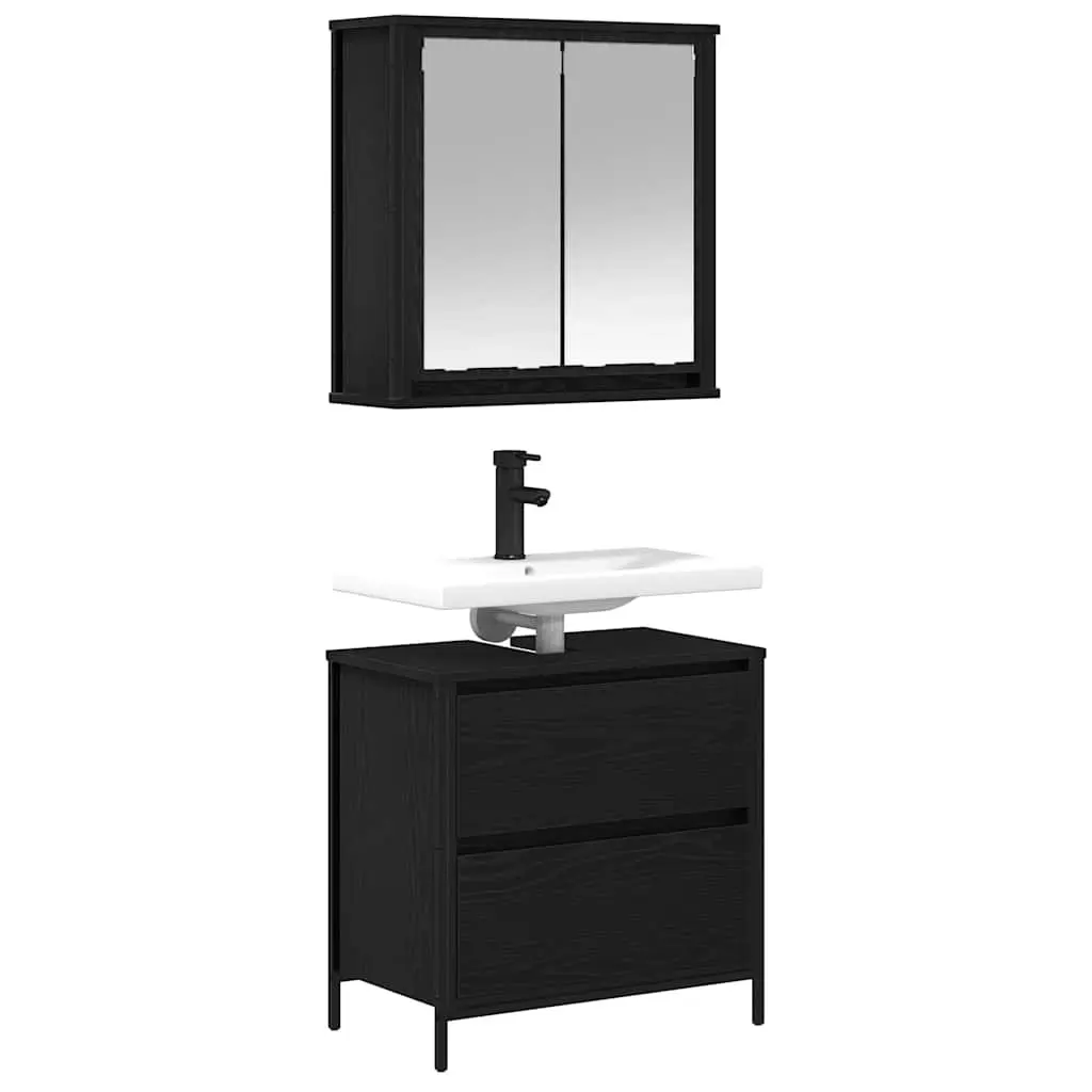 Bathroom Furniture Set 2 Piece Black Oak Engineered Wood Cabinet Mirror Storage