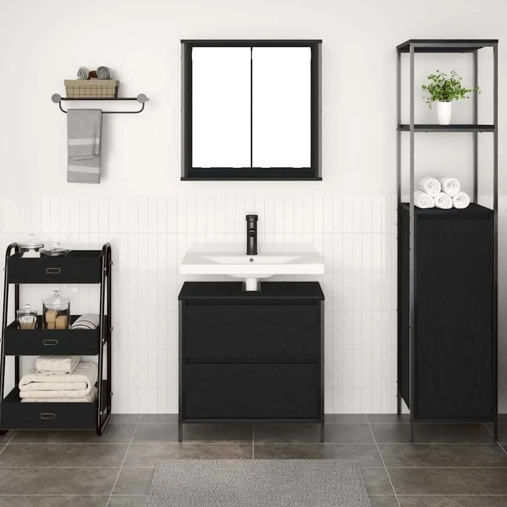 Bathroom Furniture Set 2 Piece Black Oak Engineered Wood Cabinet Mirror Storage