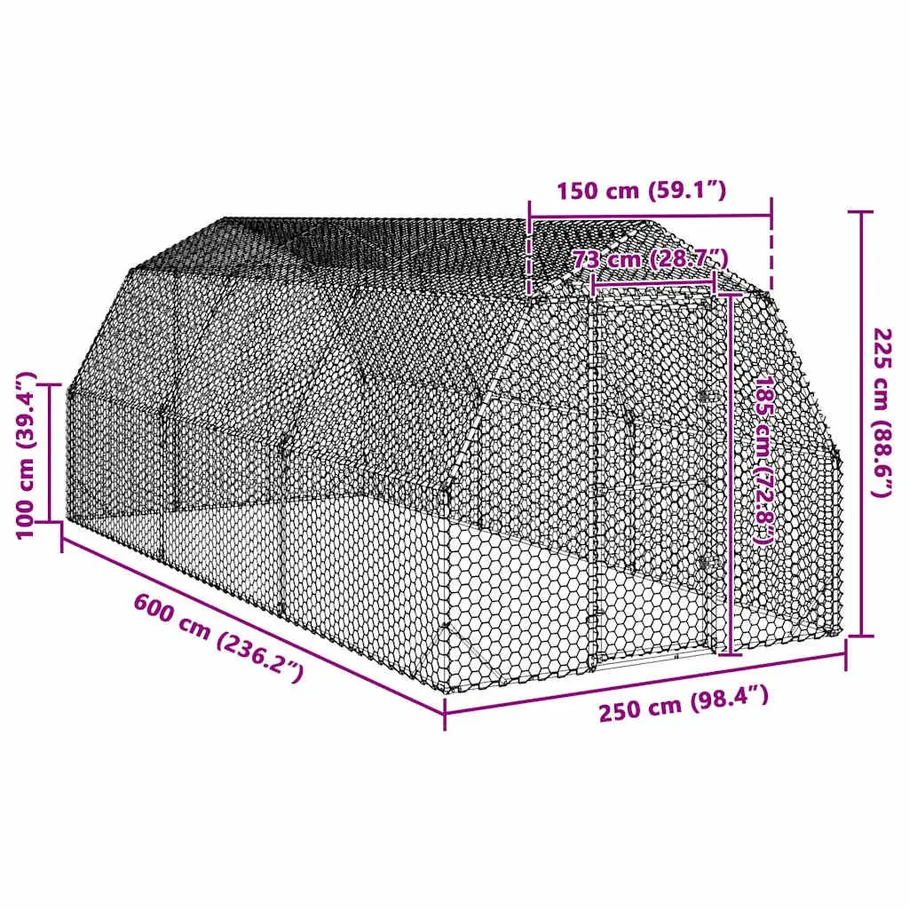 Chicken Run Walk-In Coop 2.5x6x2.25m Galvanised Steel Mesh Poultry Enclosure