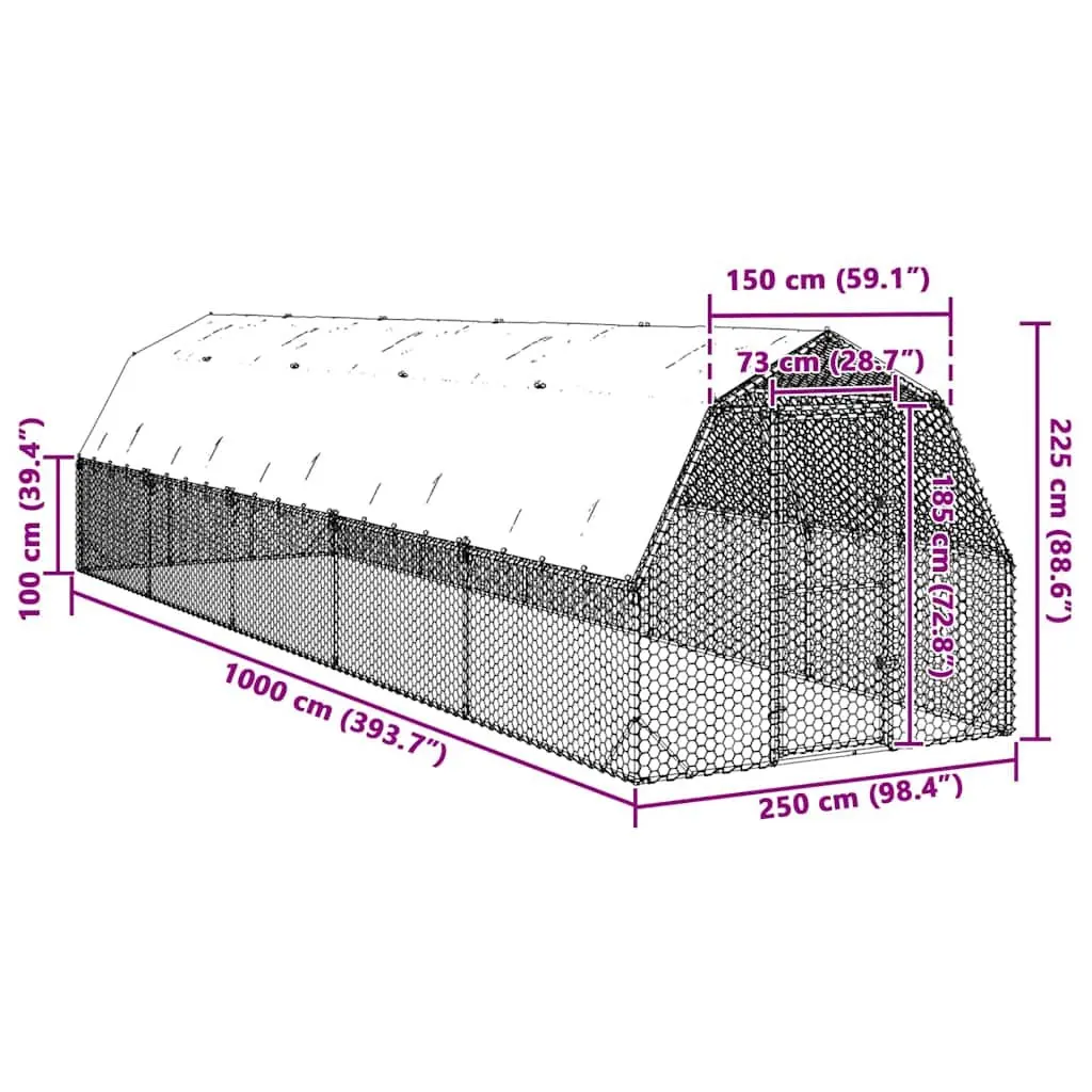 Chicken Run with Roof 2.5x10x2.25 m Walk-In Coop Galvanised Steel Frame