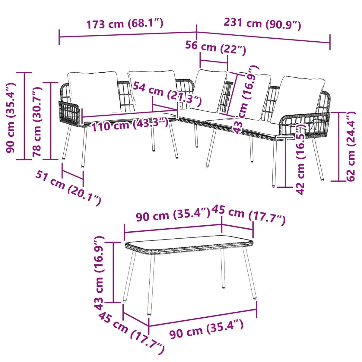 Outdoor Patio Lounge Furniture Brown Poly Rattan Sofa Set 2 Pieces with Armrests and Backrests Weather Resistant Cushions