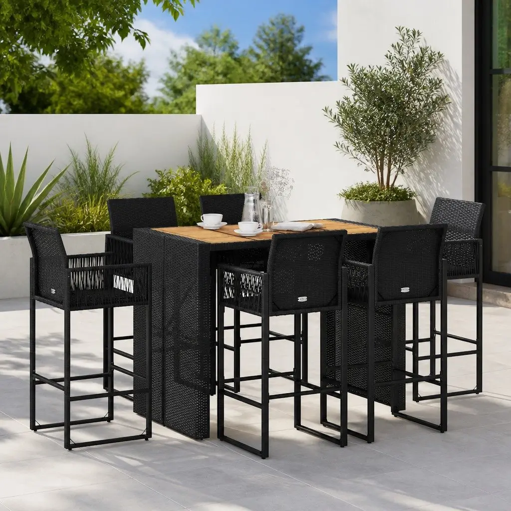 7 Piece Outdoor Garden Bar Set Black Weather-Resistant PE Rattan Patio Furniture with Bar Stools