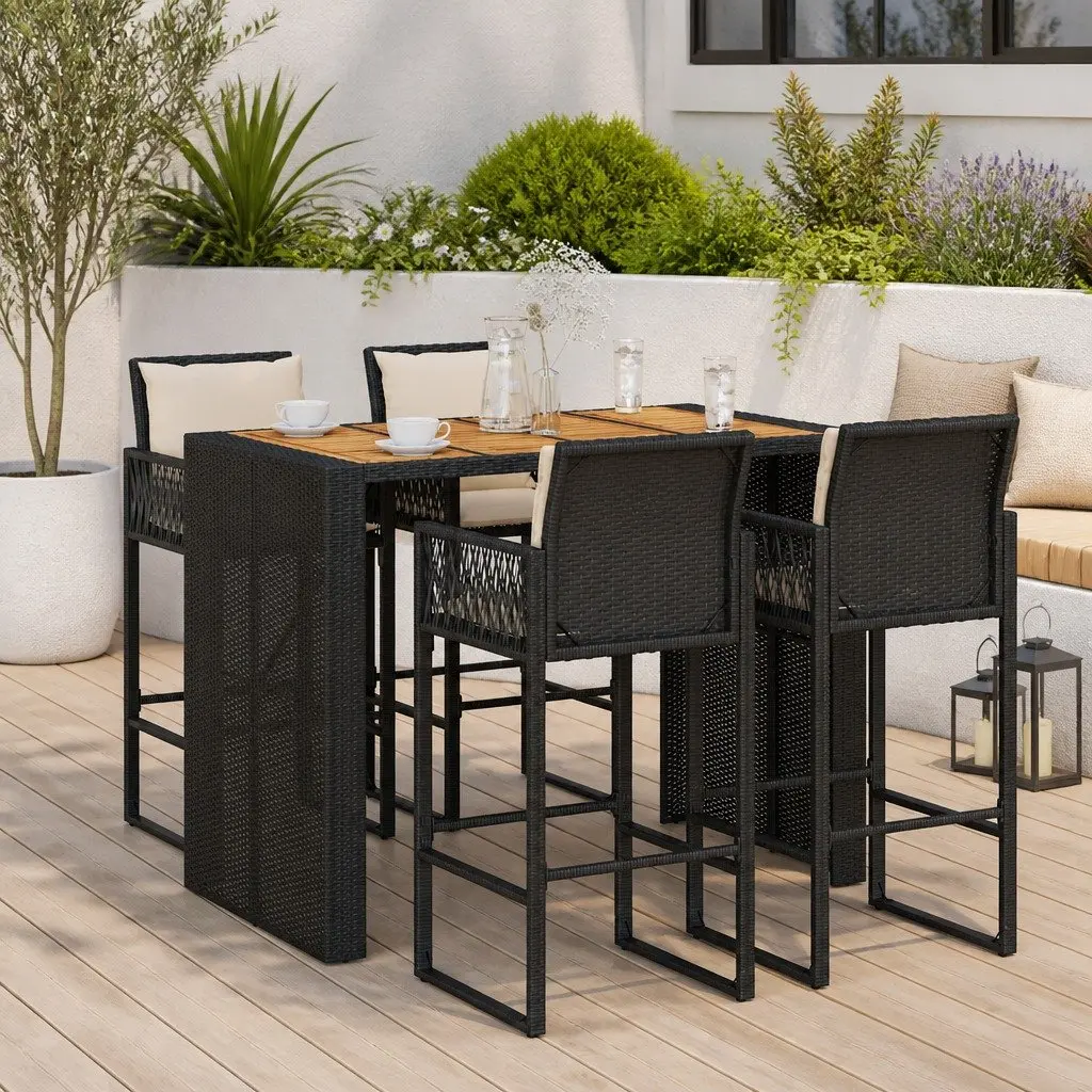 5 Piece Garden Bar Set Black Weather-Resistant PE Rattan with Cushions