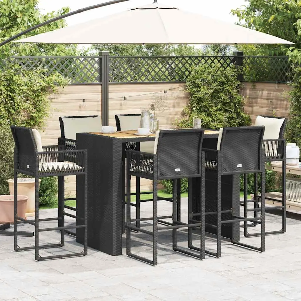 7 Piece Garden Bar Set Black Rattan Weather Resistant with Backrest Cushions