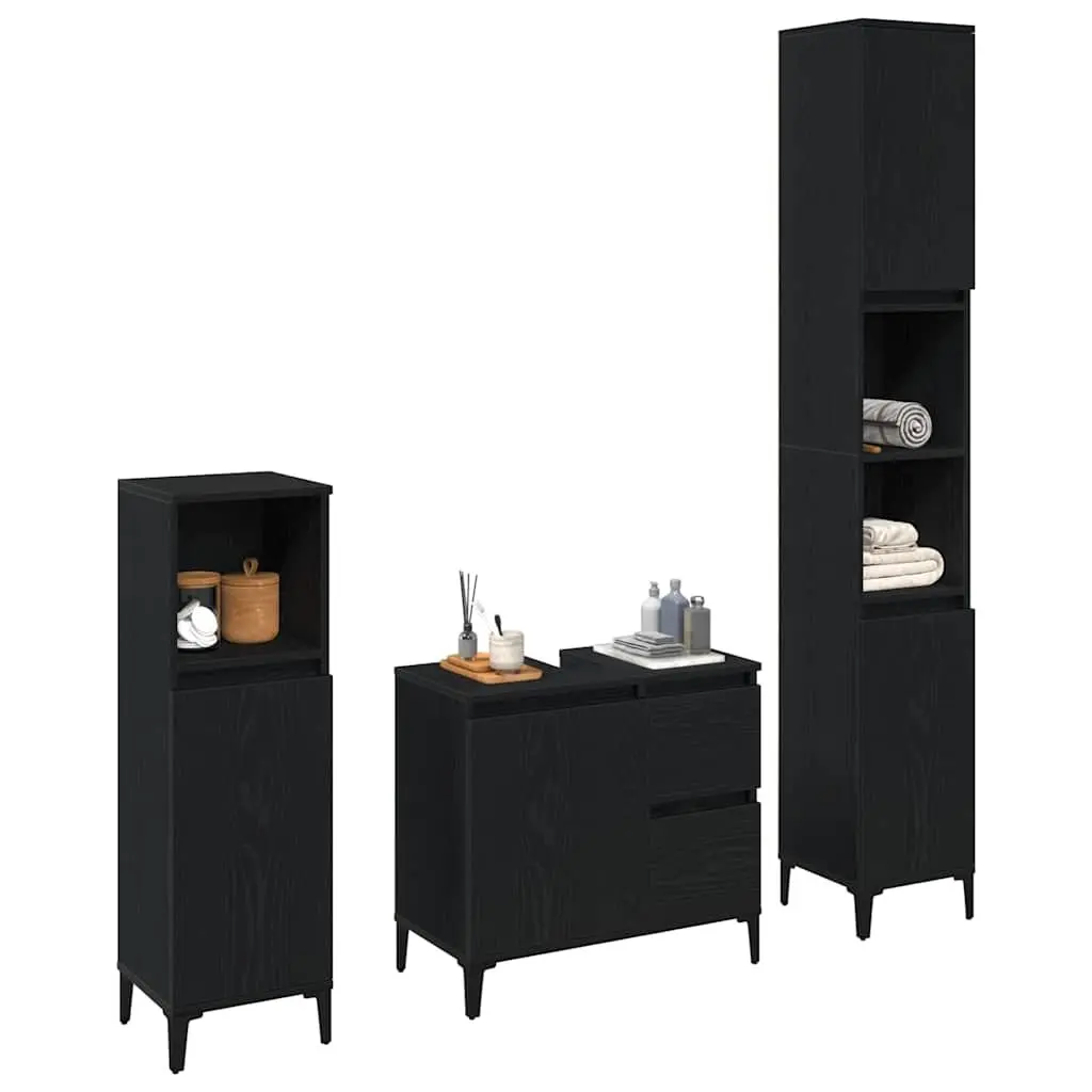 3 Piece Wall-Mounted Bathroom Storage Set in Black Oak Engineered Wood with Flush Doors and Metal Post Legs