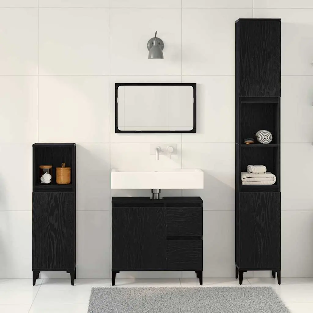 3 Piece Wall-Mounted Bathroom Storage Set in Black Oak Engineered Wood with Flush Doors and Metal Post Legs