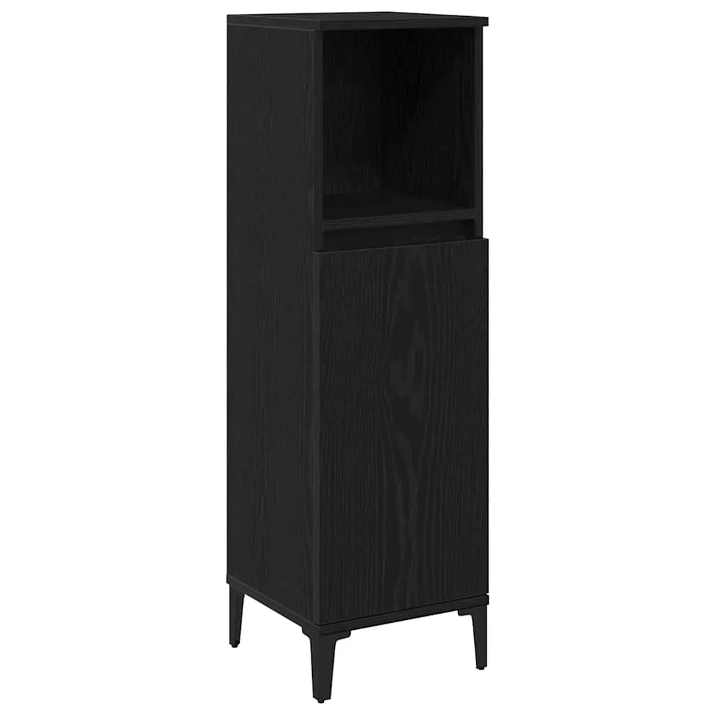 3 Piece Wall-Mounted Bathroom Storage Set in Black Oak Engineered Wood with Flush Doors and Metal Post Legs