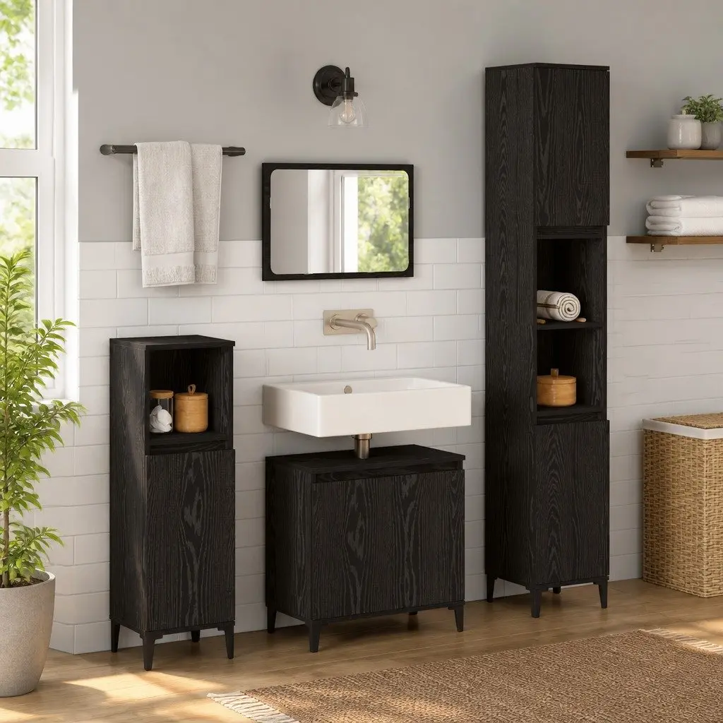 Bathroom Furniture Set 3 Piece Wall-mounted Black Oak with Doors Storage