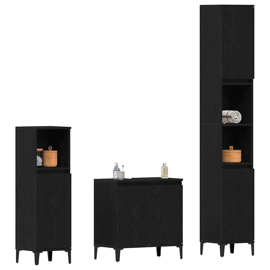 Bathroom Furniture Set 3 Piece Wall-mounted Black Oak with Doors Storage