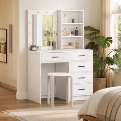 Elegant White Vanity Set with Built-in LED and Ample Storage