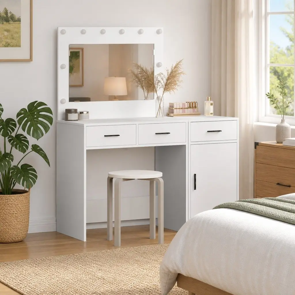 Dressing Table 2 pcs White with Integrated LED Strip Lights Storage for Bedroom Vanity Unit