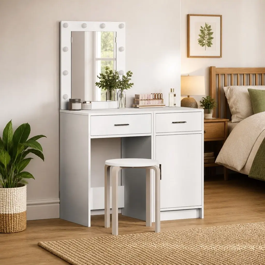 Dressing Table 2 pcs White Modern with LED Strip Lights Storage