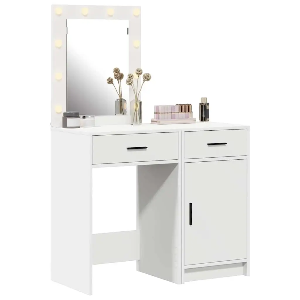 Dressing Table 2 pcs White Modern with LED Strip Lights Storage