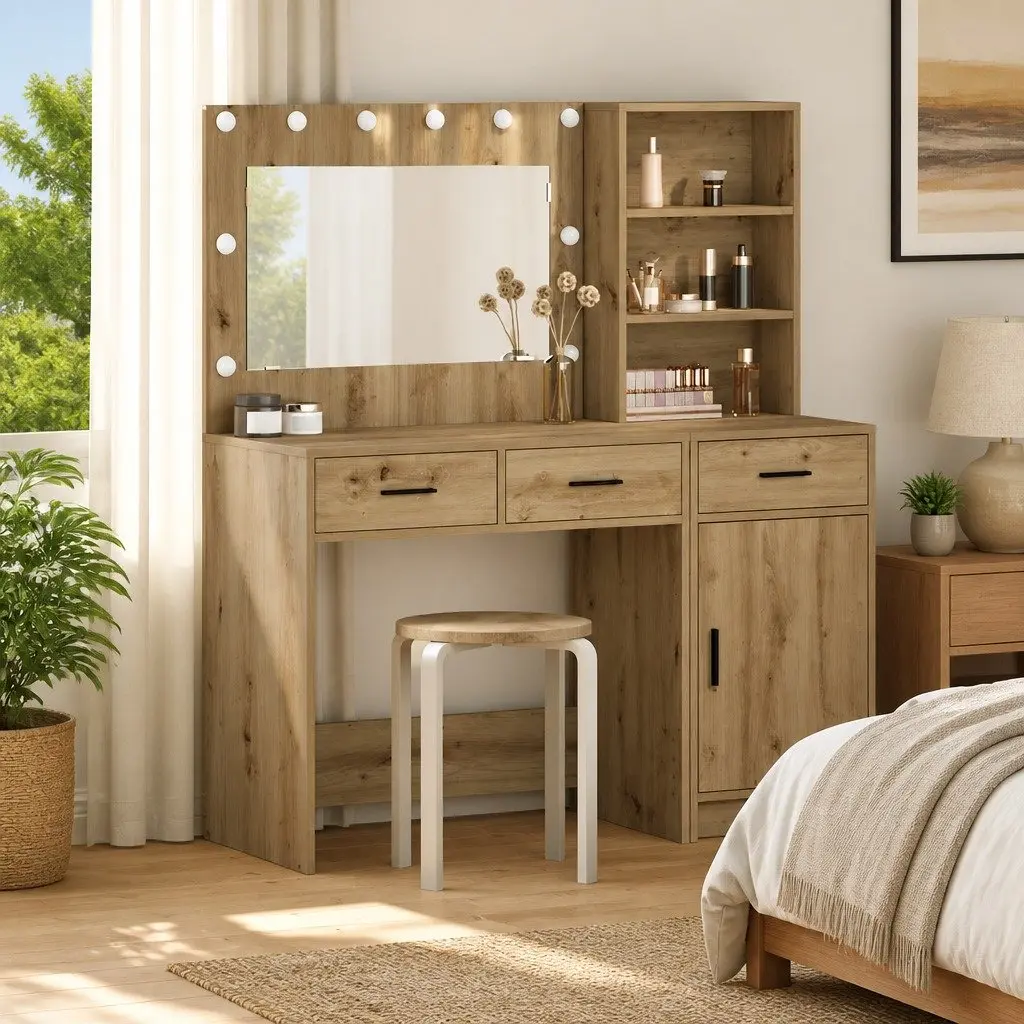 Dressing Table 2 Piece Brown LED Mirror Storage Drawers