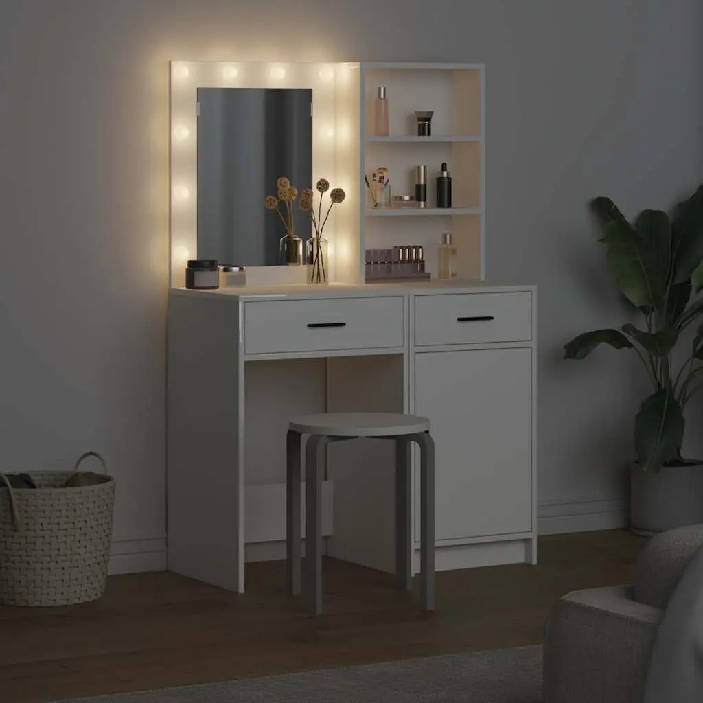 Dressing Table Set 2 Pieces White LED Mirror Integrated Storage
