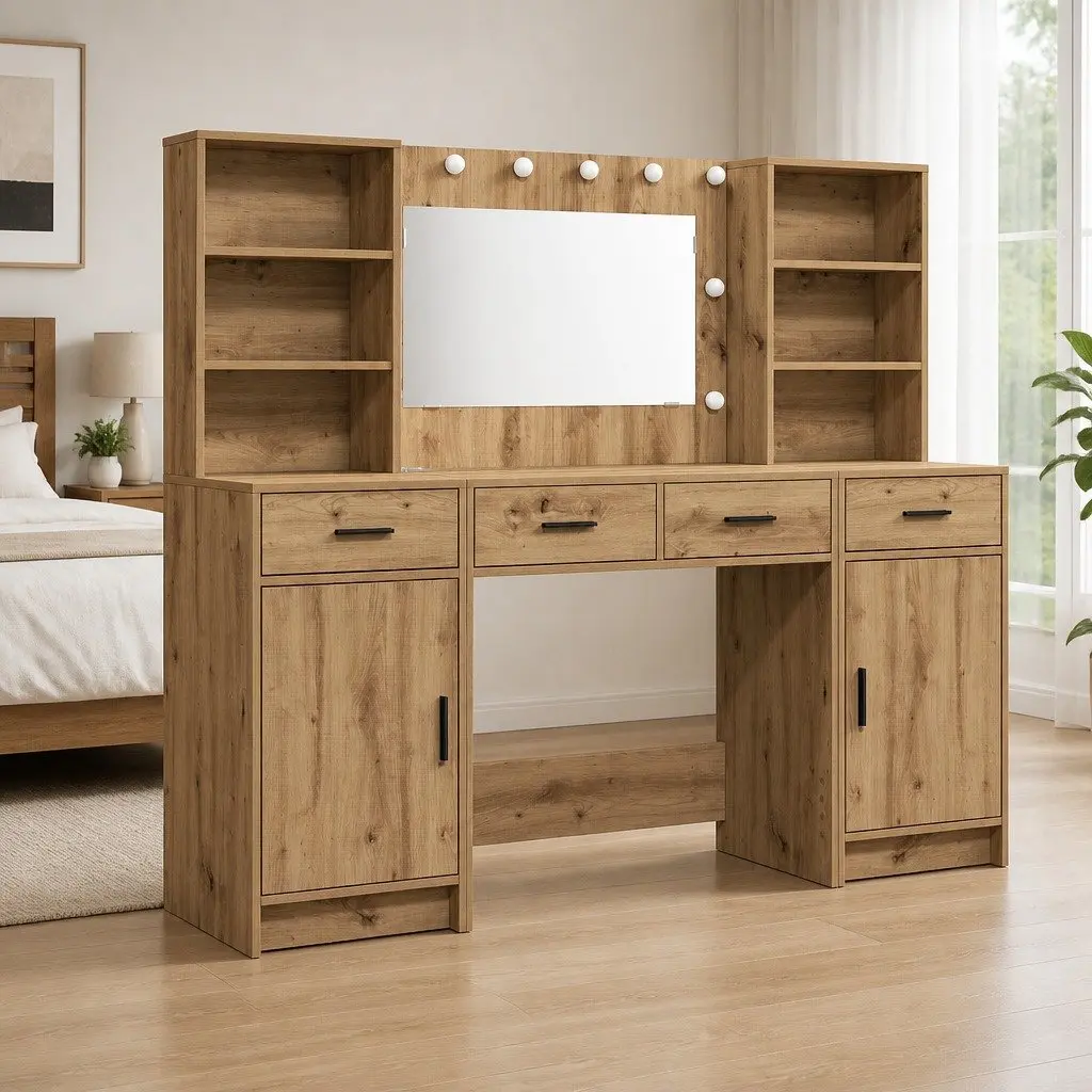 Dressing Table Set 3 Piece Brown Engineered Wood LED Mirror Acrylic