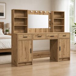 Refurbished Dressing Table Set with LED 3 pcs Brown Engineered Wood