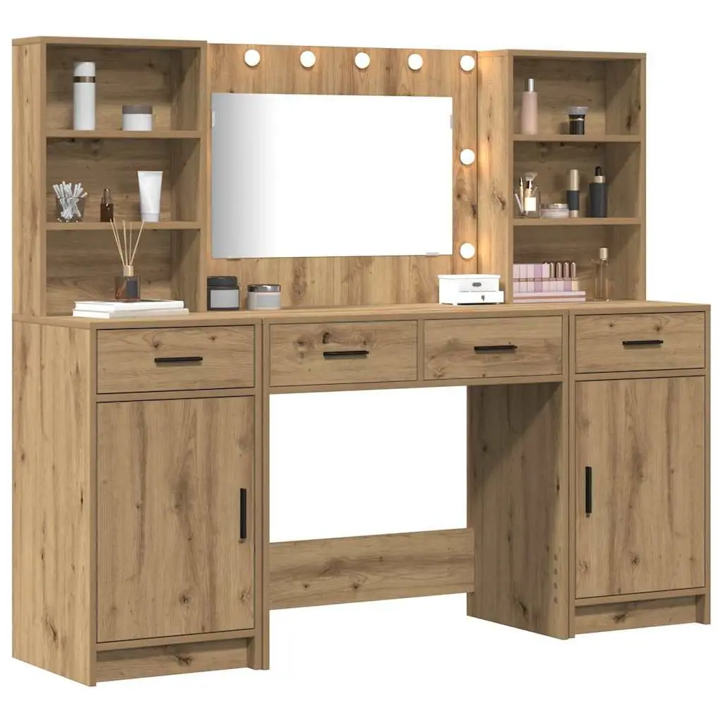 Dressing Table Set 3 Piece Brown Engineered Wood LED Mirror Acrylic
