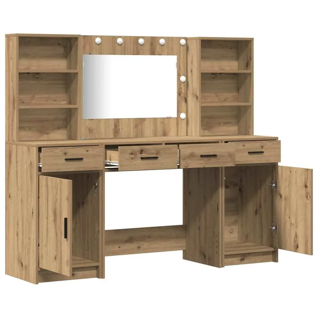 Dressing Table Set 3 Piece Brown Engineered Wood LED Mirror Acrylic