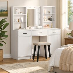 Dressing Table Set with LED Mirror 3 Piece White Bedroom Vanity Storage Drawers