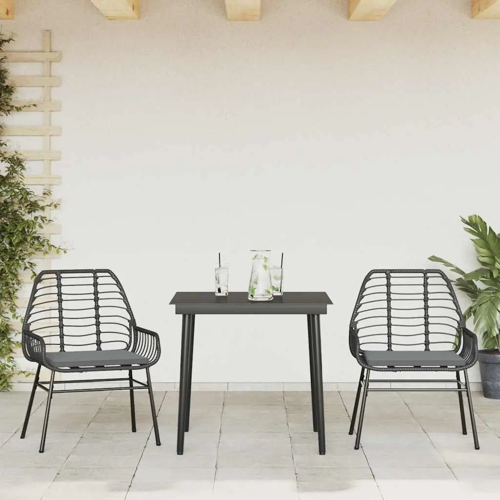 Garden Dining Set 3 Piece Black Poly Rattan Outdoor Furniture with Glass Table and Cushioned Chairs