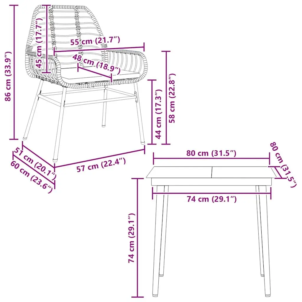 Garden Dining Set 3 Piece Black Poly Rattan Outdoor Furniture with Glass Table and Cushioned Chairs