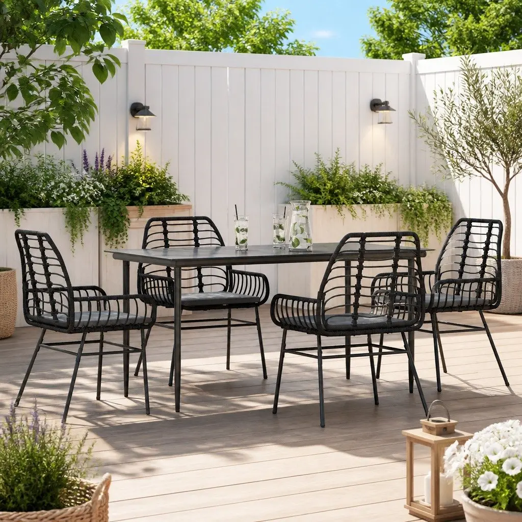 5 Piece Garden Dining Set Black PE Rattan Glass Table Cushioned Seating