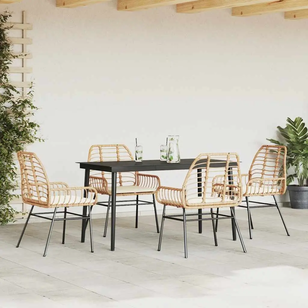 5 Piece Brown Patio Dining Set with Cushions and Tempered Glass Table Outdoor Furniture