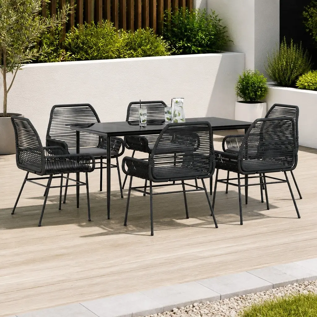 7 Piece Garden Dining Set with Cushions Poly Rattan Glass Outdoor Furniture