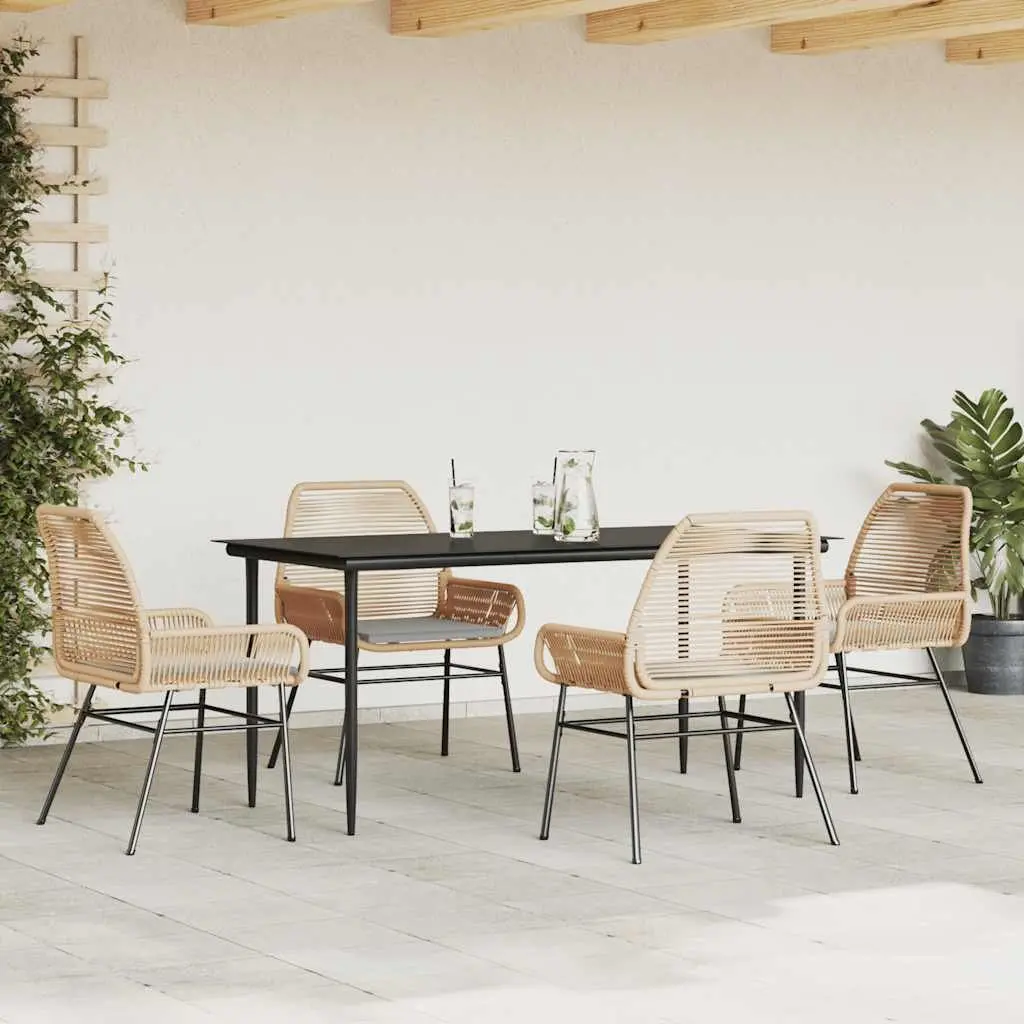 5 Piece Garden Dining Set Brown Poly Rattan Tempered Glass Table and Chairs