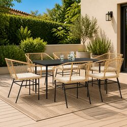 7 Piece Garden Dining Set Brown Poly Rattan Glass Outdoor Furniture Patio Chair